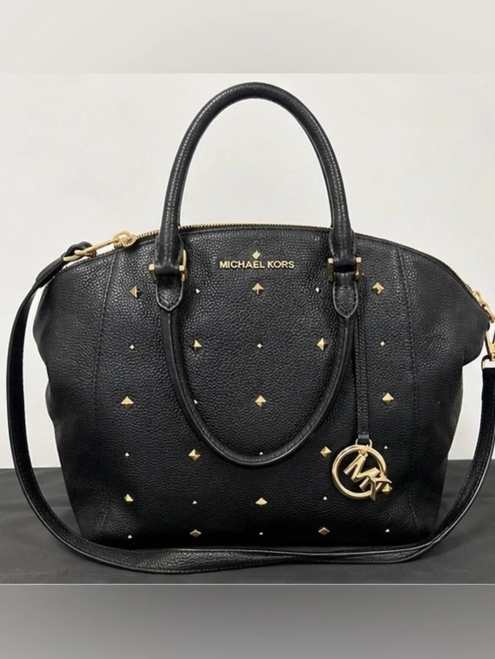 Michael Kors Black Pebbled Leather Gold Studded Satchel Shoulder Bag
